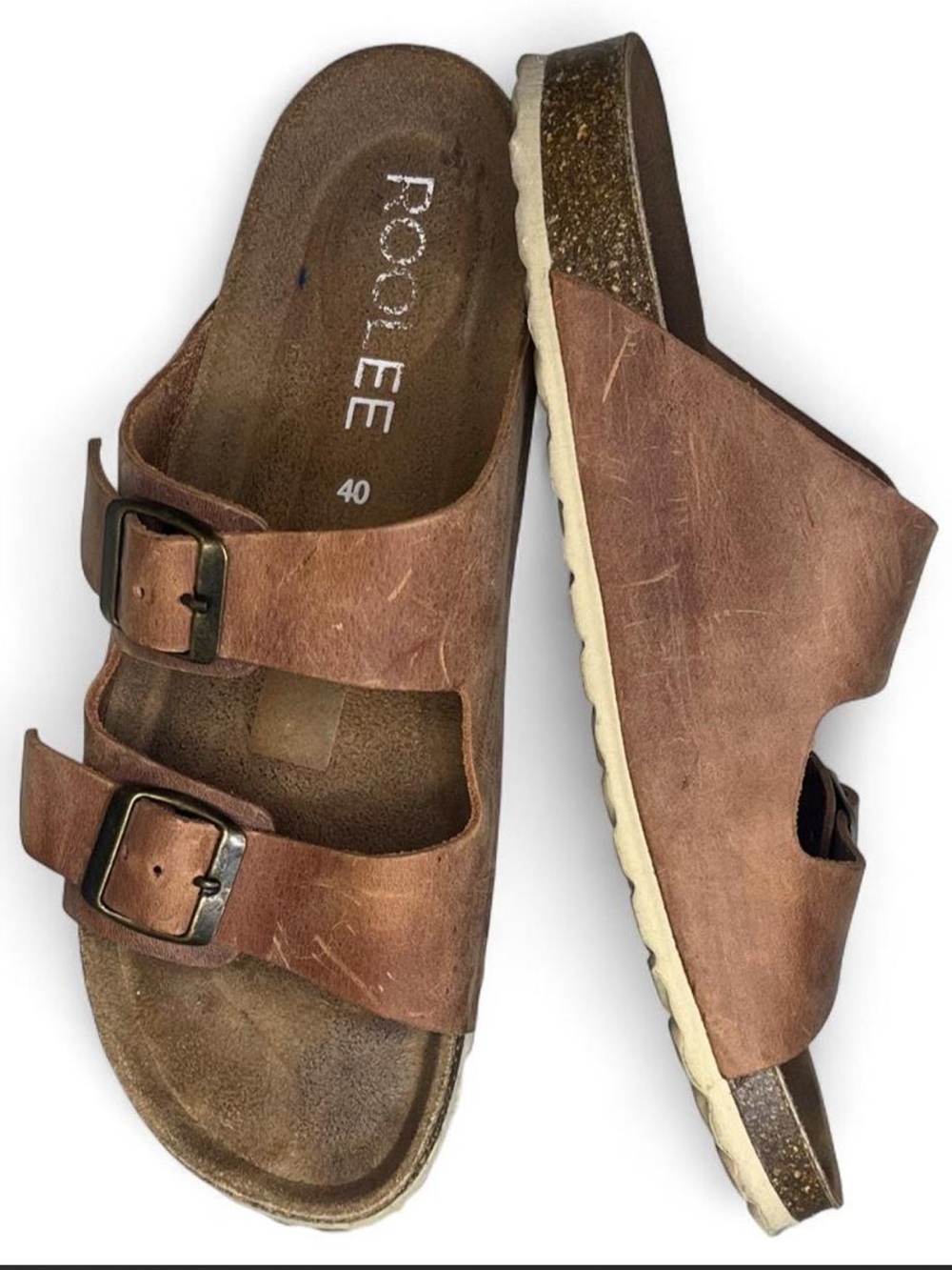 RooLee brown Adjustable Brown Double buckle leather slide Cork sandals EU 40